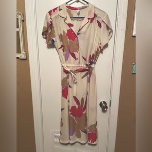 Vintage 70’s 80’s Floral Midi Sheer Tie Waist Dress M